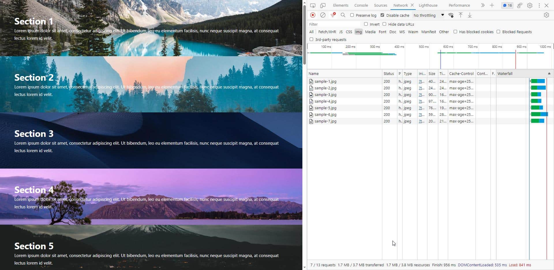 List of the background images included in the test website after the test - Chrome Network tab