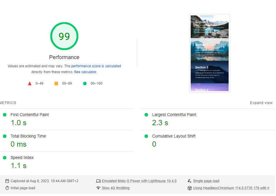 Performance report before enabling the LazyLoad CSS Background Images