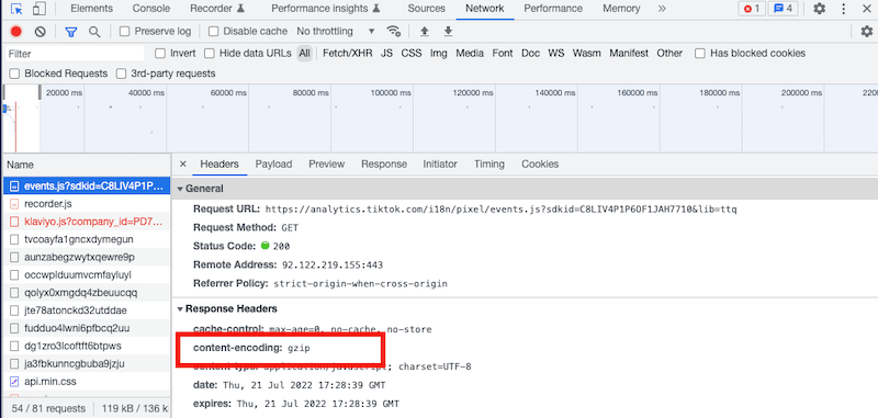 Checking if GZIP or Brotli is activated - Source: Chrome Dev Tools