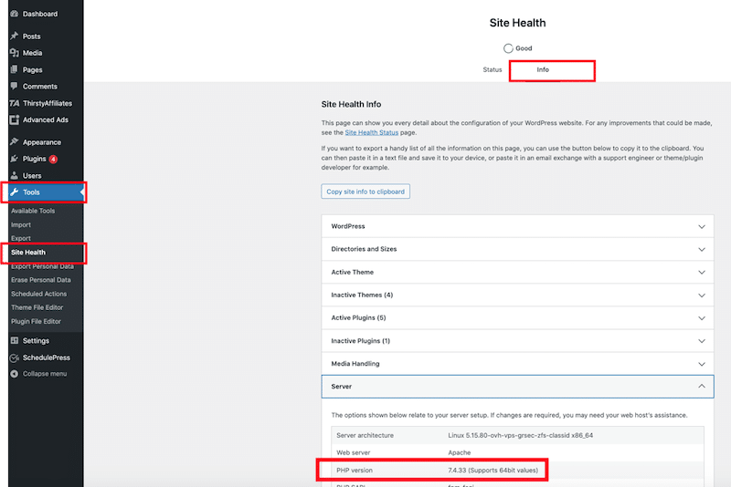 Checking which PHP version is installed - Source: WordPress admin