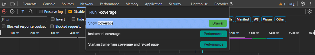 Chrome DevTools > Show Coverage command