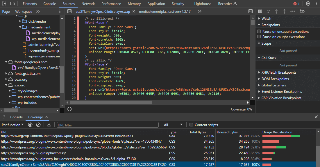 Seeing the used and unused sources in the DevTools sources panel