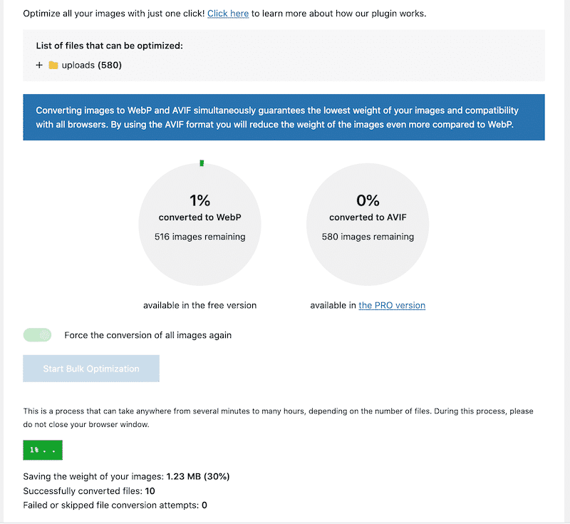 Conversion to WebP in progress with Converter for Media - Source: Converter for Media’s dashboard