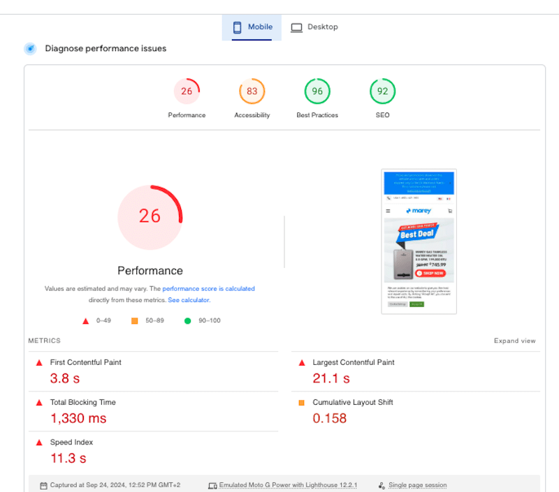 The audit focuses on Core Web Vitals and other key performance metrics, and the Opportunities section highlights actionable suggestions such as optimizing images, eliminating render-blocking resources, using caching, and minimizing unused JavaScript.