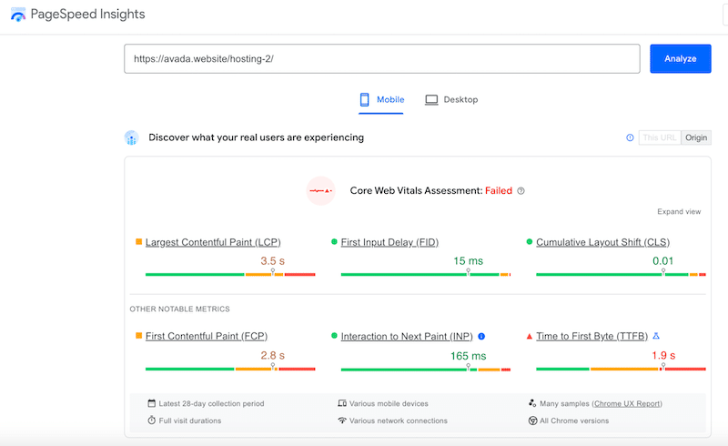 Core Web Vitals evaluation and performance result for Avada’s demo - Source: PageSpeed insights