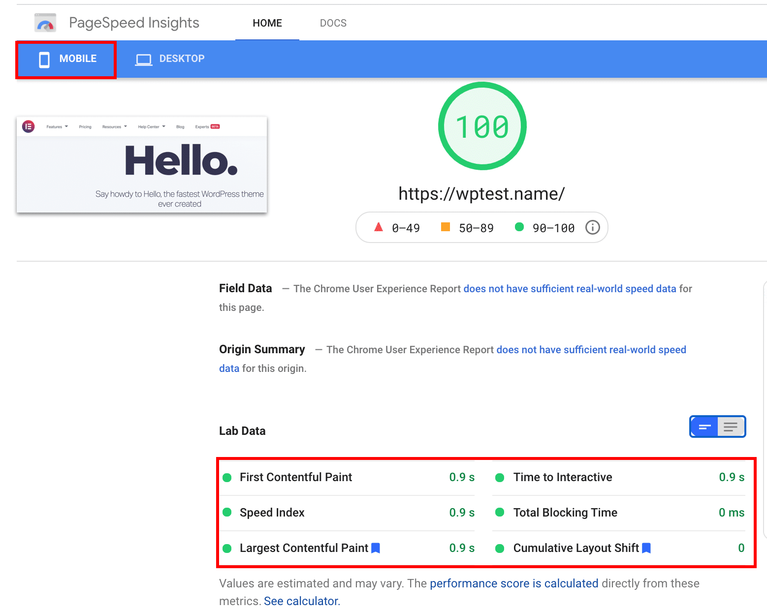 Core Web Vitals scores of my WordPress site using the Hello Theme