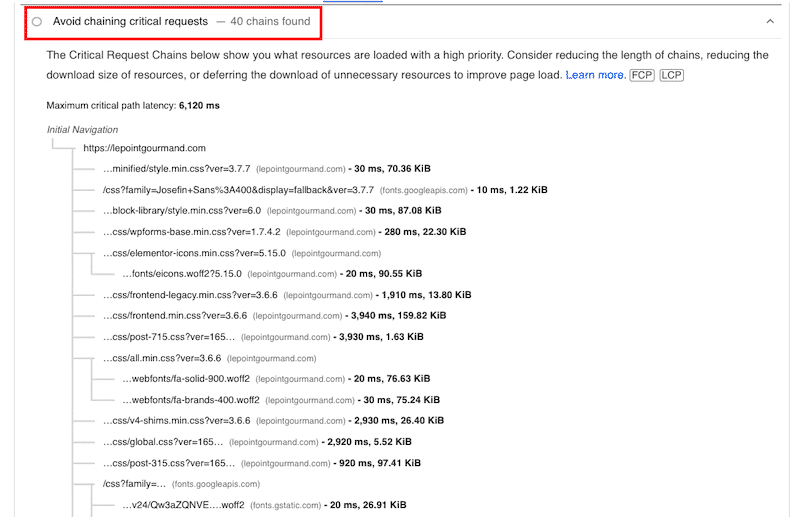 Critical Request Chains - Source: PageSpeed Insights (PSI)