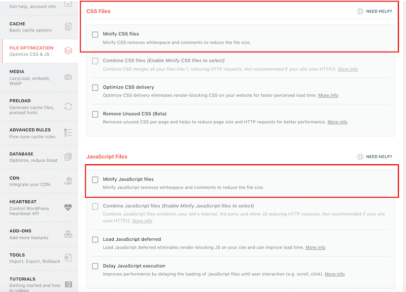 CSS and JS minifying tab - Source: WP Rocket’s dashboard
