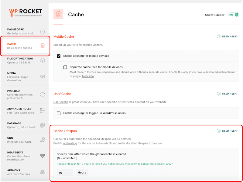 Customizing the cache lifespan - Source: WP Rocket