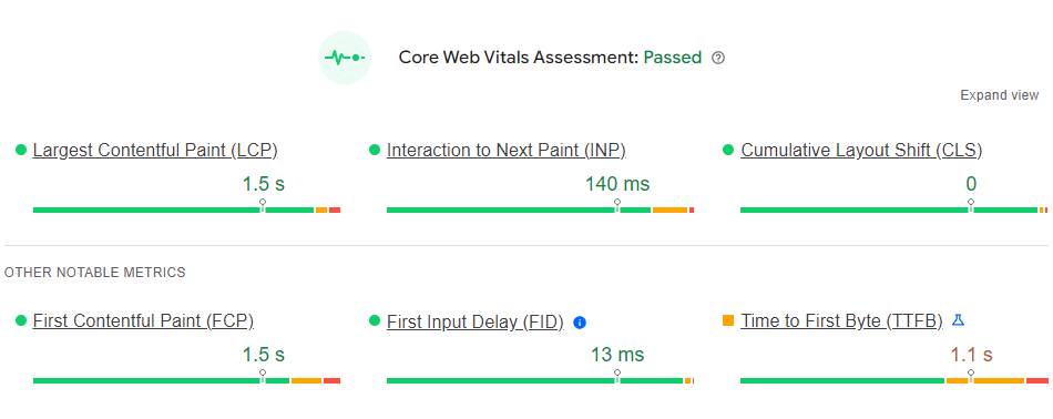 A Passed Core Web Vitals assessment