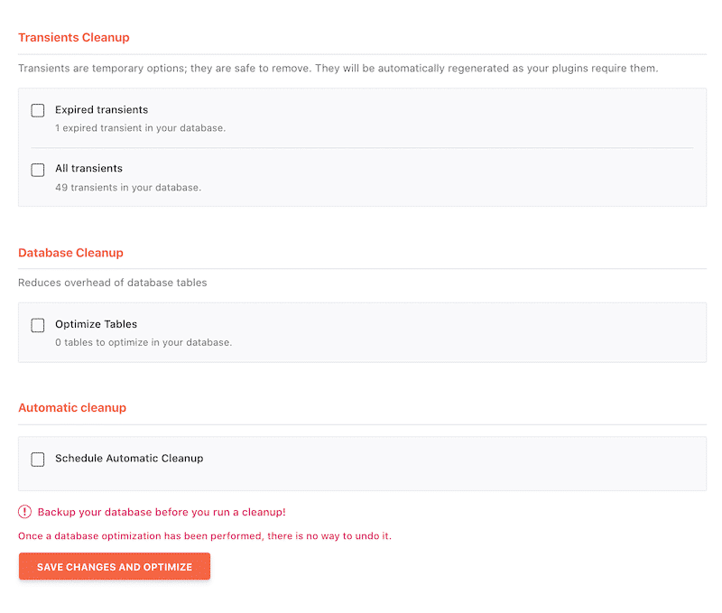 Database clean-up section (2/2) - WP Rocket dashboard