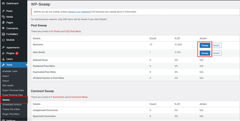 Database optimization - Source: WP-Sweep