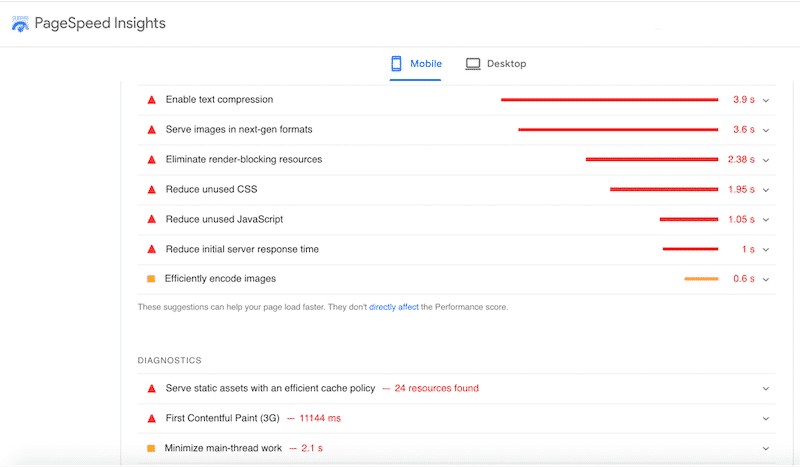Diagnostics and opportunities suggestions recommended by Lighthouse - Source: PSI