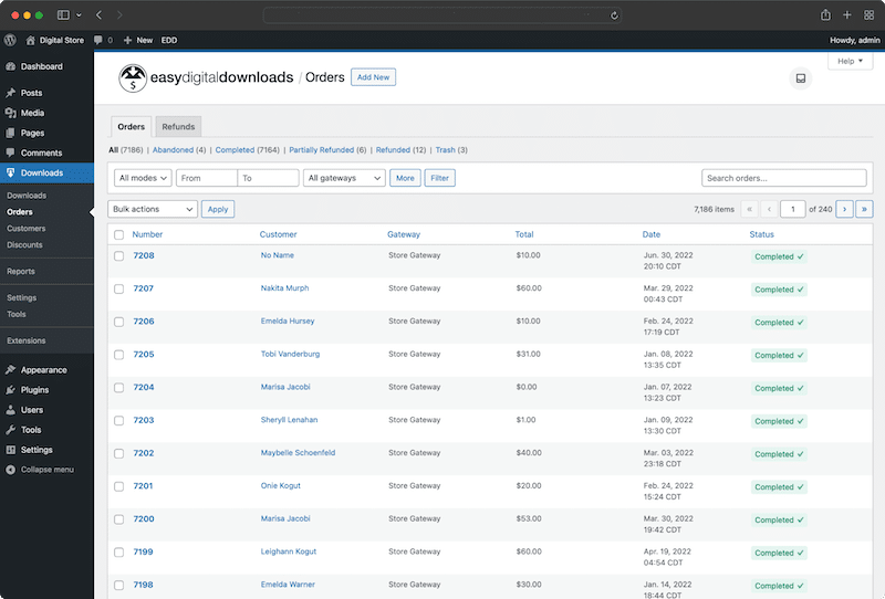 EDD interface and example of report for digital goods - Source: Easy Digital Downloads Interface