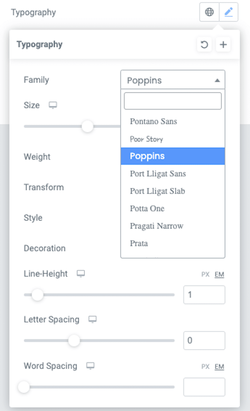 Elementor offers Google Fonts in its “Typography” setting for each module - Source: Elementor