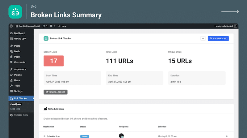 Example of a broken links summary - Source: Broken Links Checker