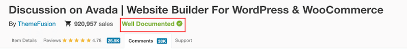 Example of a well-documented theme - Source: ThemeForest
