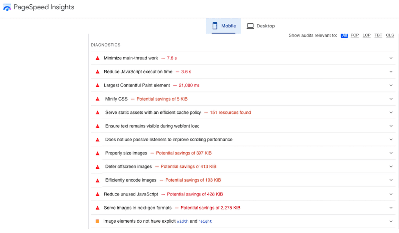 Example of performance diagnostics that needs improvement - Source: PageSpeed Insights