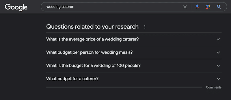 Example of topic that could be mentioned in a blog for a caterer - Source: Google Search Results