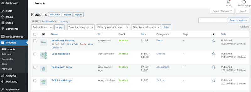 Extract of my products page - WooCommerce dashboard