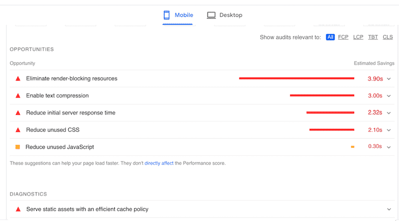 Flagged issues for Beaver Builder - Source: PageSpeed Insights