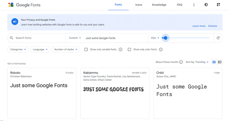 Google Fonts directory with advanced filters - Source: Google Fonts