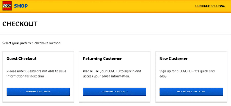 Guest checkout vs login - Source: Lego