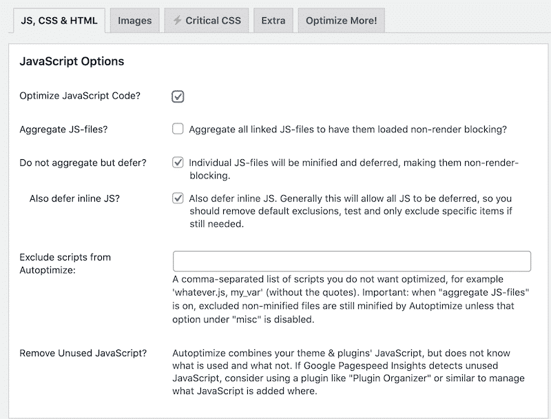 JS options - Source: Autoptimize
