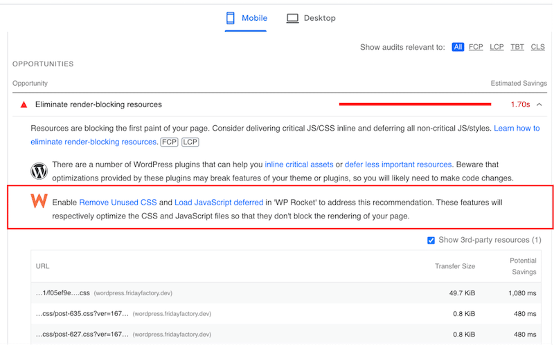 Lighthouse suggests you enable some features in WP Rocket to pass the audit - Source: PageSpeed Insights