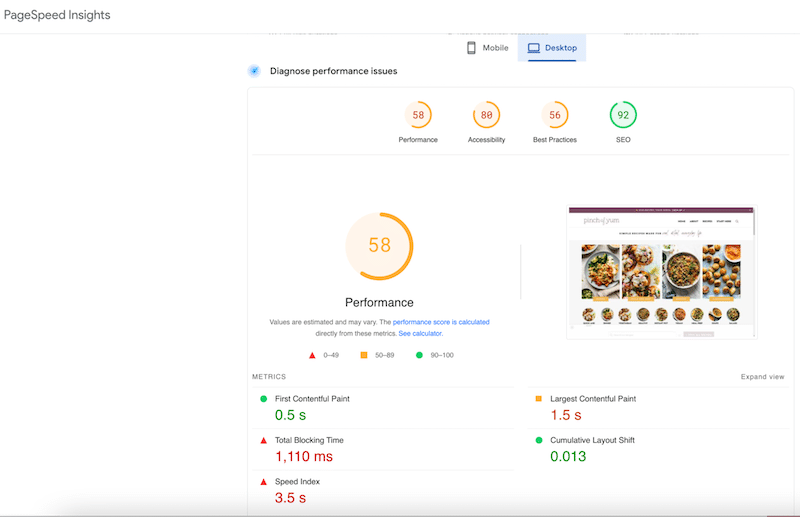 Measuring blog performance - Source: Google PageSpeed Insights
