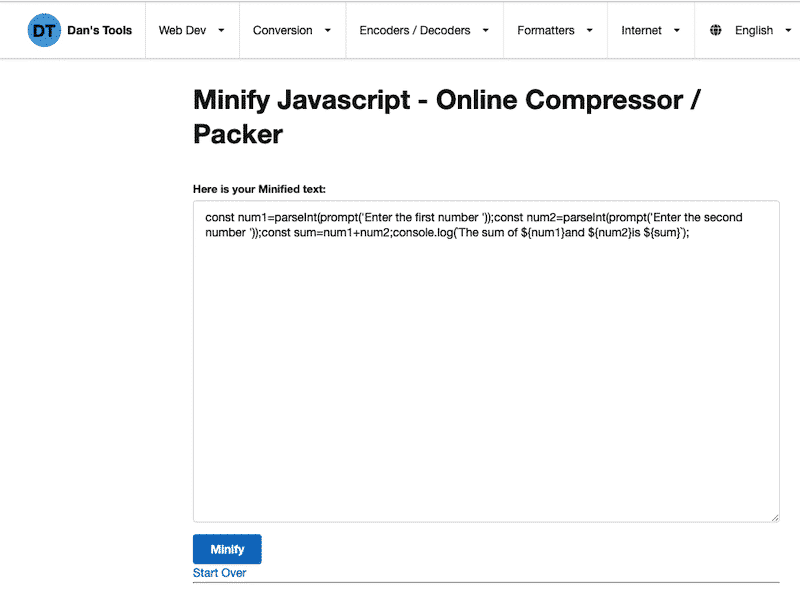 Minifying JS in one click– Source: CleanCSS.com