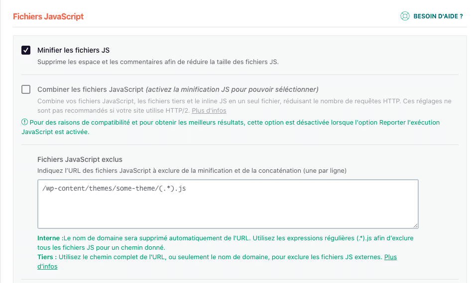 Minimiser les fichiers JS - Tableau de bord de WP Rocket