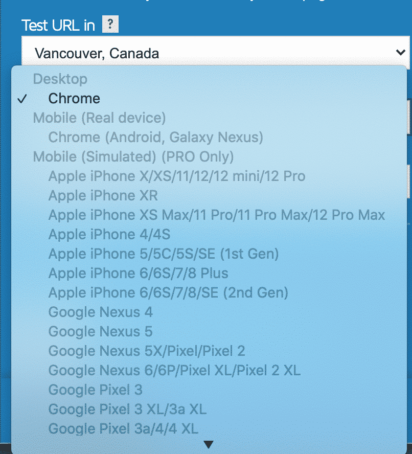 Mobile devices available for testing purposes - Source: GTmetrix