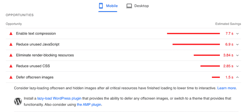 Opportunities section without WP Rocket - Source: PSI