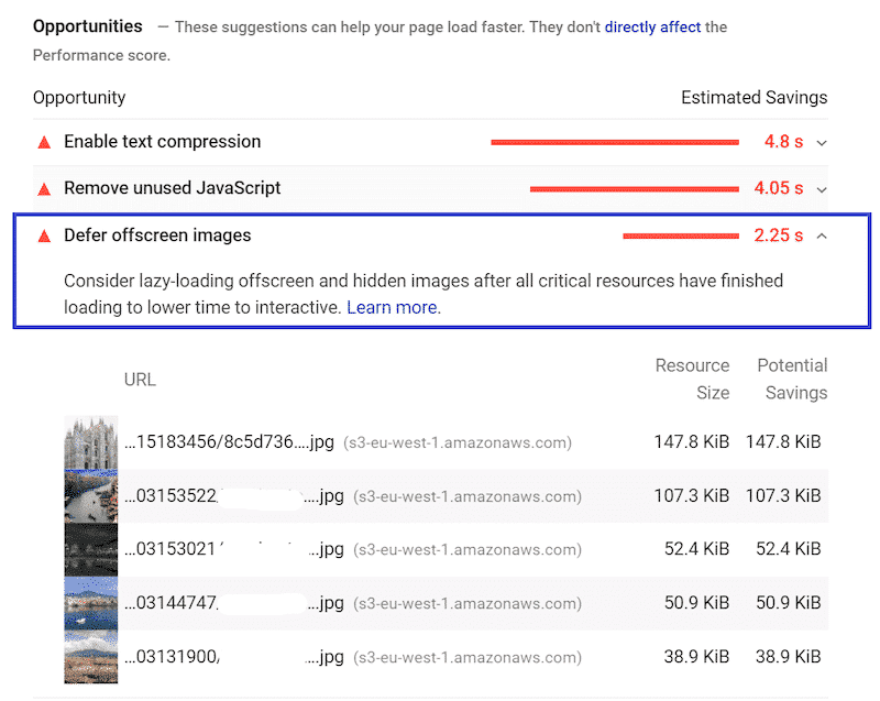 Opportunity section after running a performance audit (lazy load is recommended) - Source PSI