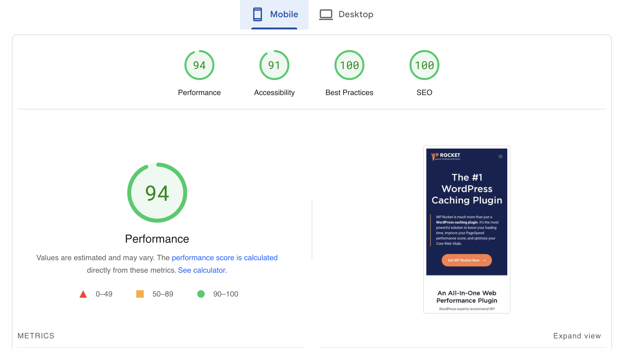 Speed test from Google Pagespeed checker for WP Rocket