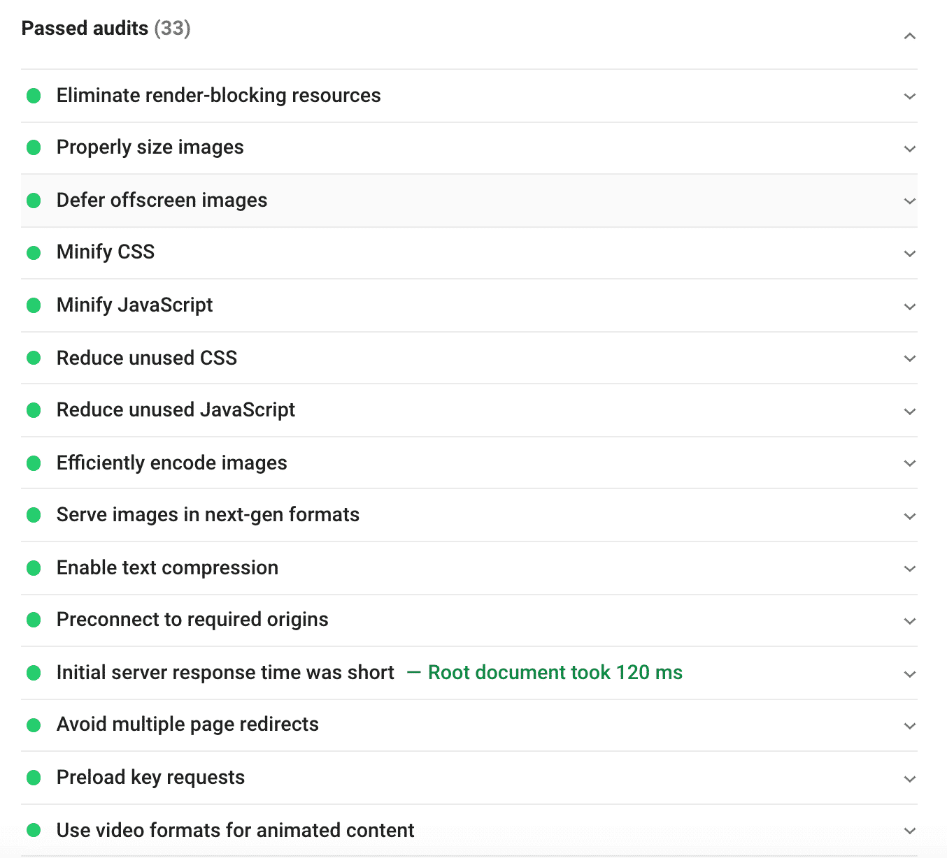 Passed audit list in green thanks to WP Rocket - Source: PSI