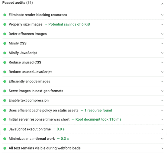 Passed audits section with WP Rocket installed