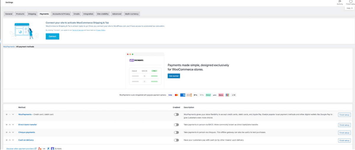 Payments tab - Source: WooCommerce dashboard