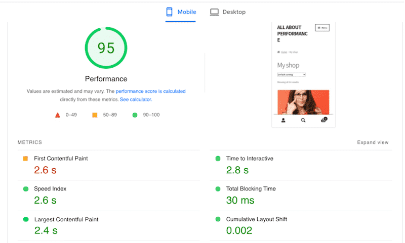 Performance of my eCommerce site with WP Rocket - Source: PSI