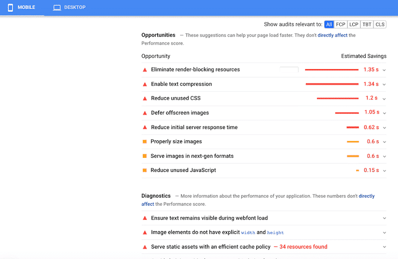 Performance opportunities and diagnostics when using Beaver Builder - Source: PSI