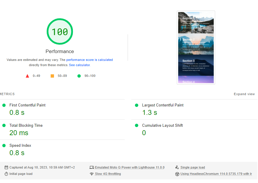 Performance report after enabling the LazyLoad CSS Background Images