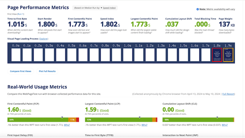 Performance report (extract) - Source: WebPageTest