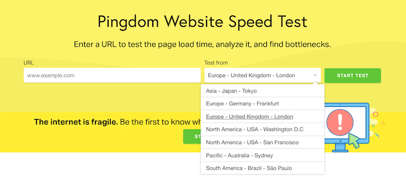 Choose where you want to perform the website speed test from - Pingdom