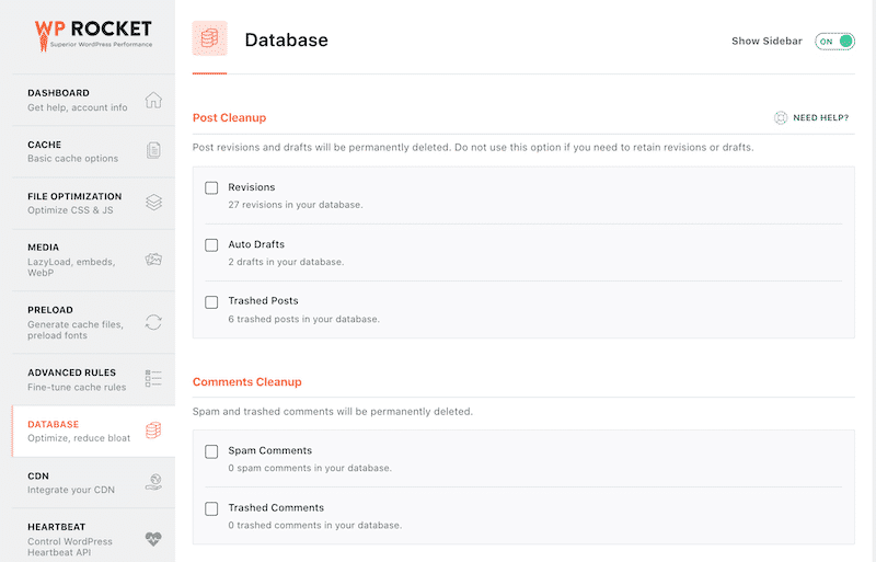 Post and comments clean-up section (1/2) - Source: WP Rocket dashboard