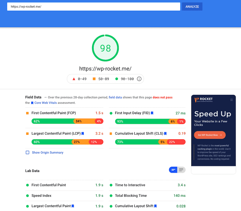 The Core Web Vitals scores with PageSpeed InsightsÂ