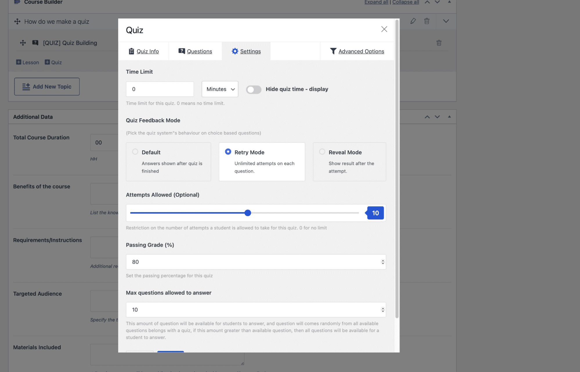 Quiz builder settings