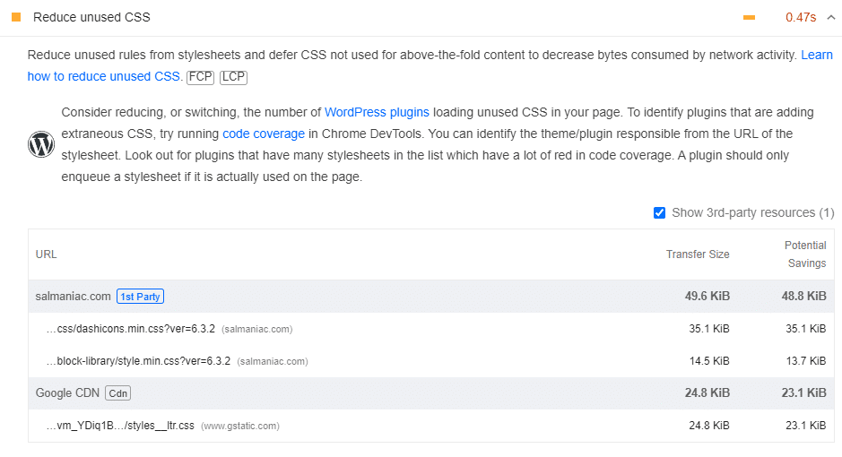 PageSpeed Insights “Reduce unused CSS” warning