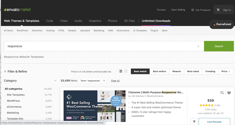 “Responsive” keyword to find a mobile-friendly theme - Source: Envato