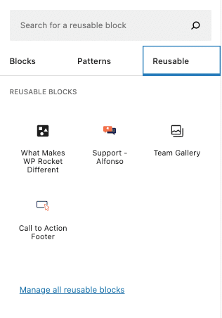 The WP Rocket reusable blocks listing
